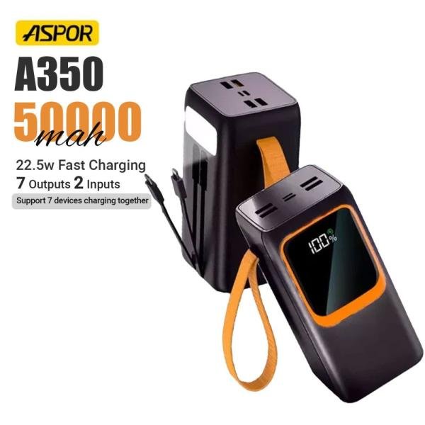 ASPOR A350 50000mAh Fast Charging Power Bank with LED Flashlight - 22.5W Portable Charger