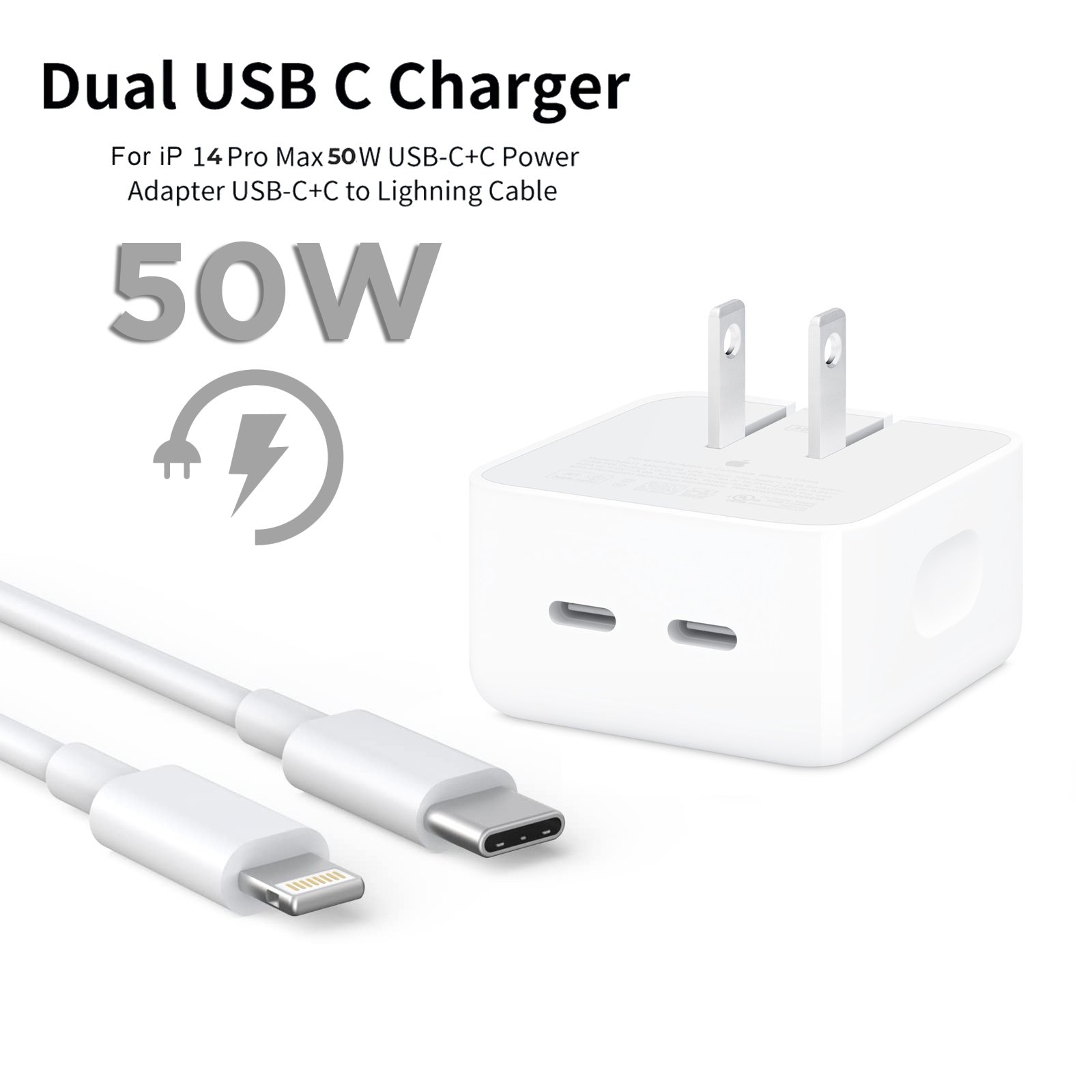 50W USB-C Power Adapter for iPhone 14 Pro - Fast Charging with USB-C to Lightning Cable