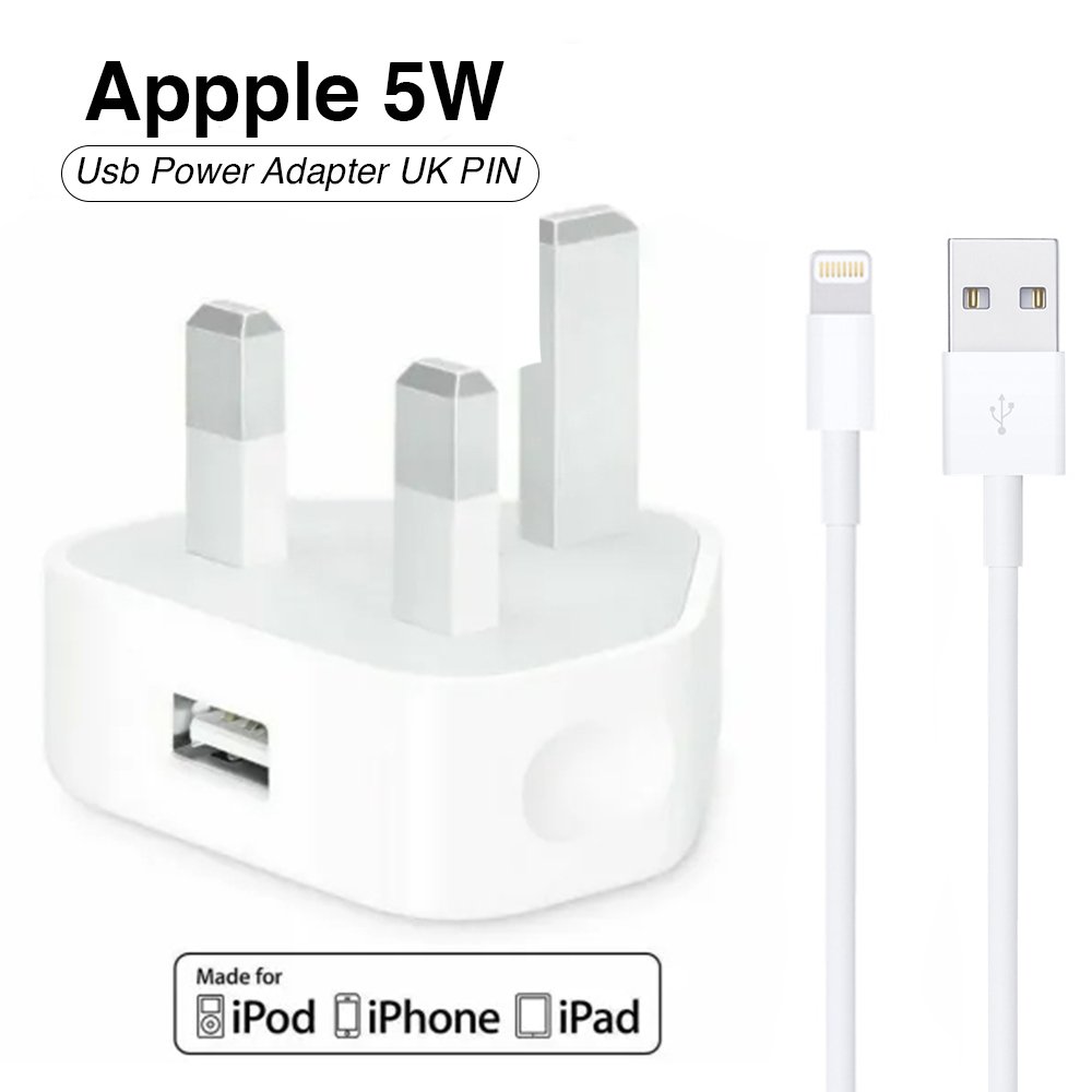 Apple 5W USB Power Adapter UK Pin with Lightning to USB Cable for iPhone, iPod, and Apple Watch